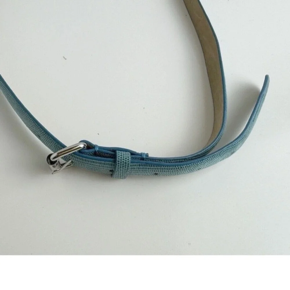 Ann Taylor Blue Lizard‎ Embossed Genuine Leather Slim Belt Silver Buckle S 47-85